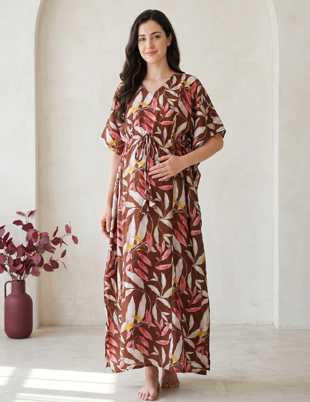 Brown Leaf Rayon Maternity Kaftan