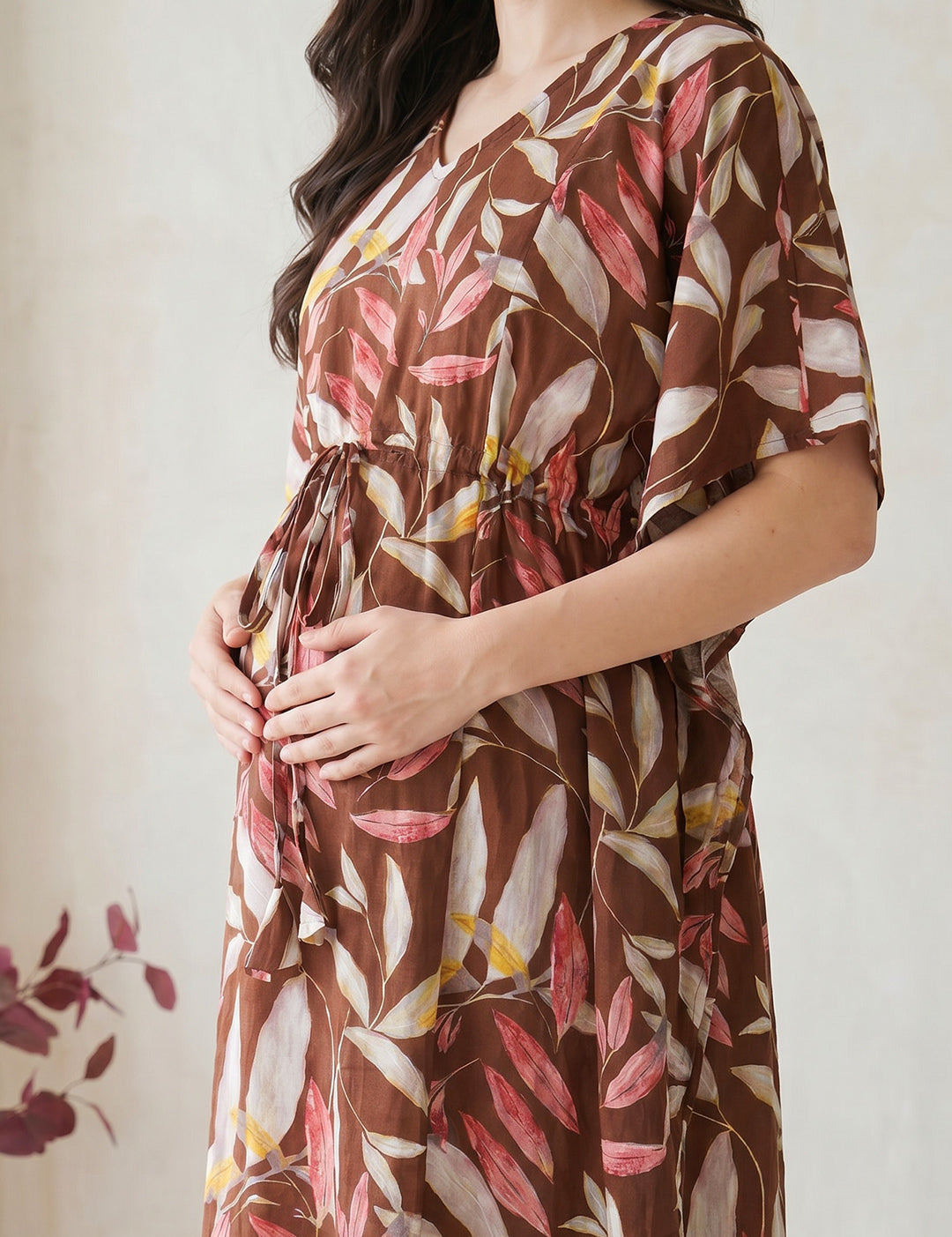 Brown Leaf Rayon Maternity Kaftan