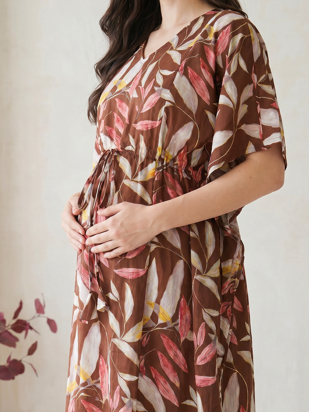 Brown Leaf Rayon Maternity Kaftan