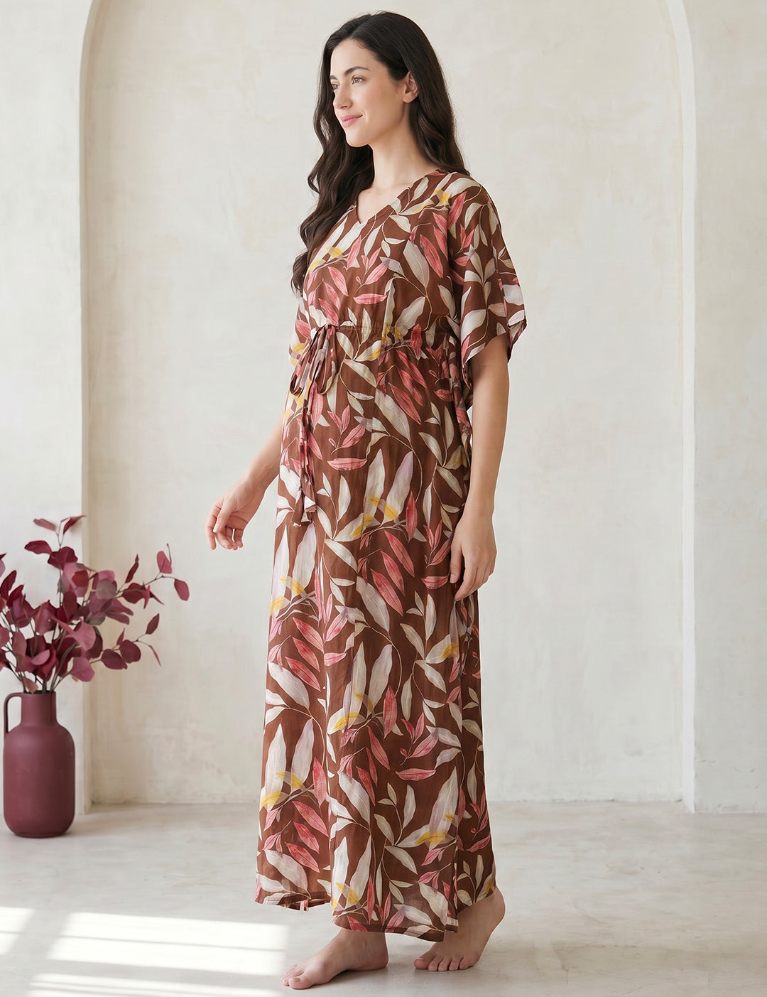 Brown Leaf Rayon Maternity Kaftan