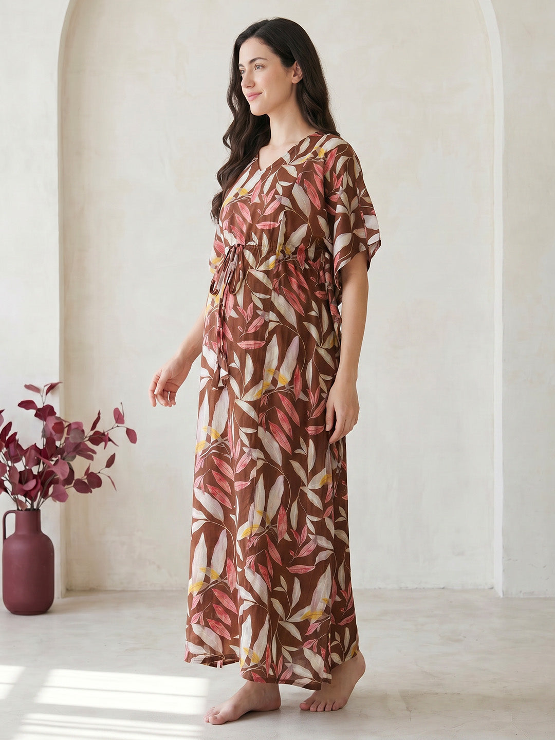 Brown Leaf Rayon Maternity Kaftan