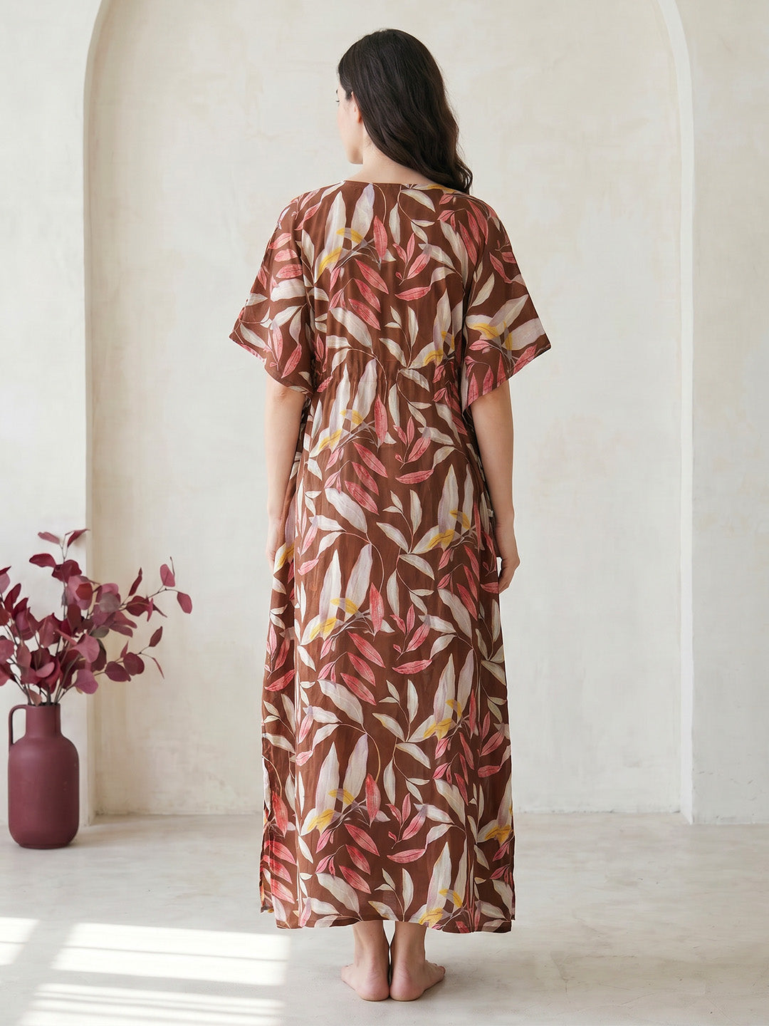 Brown Leaf Rayon Maternity Kaftan