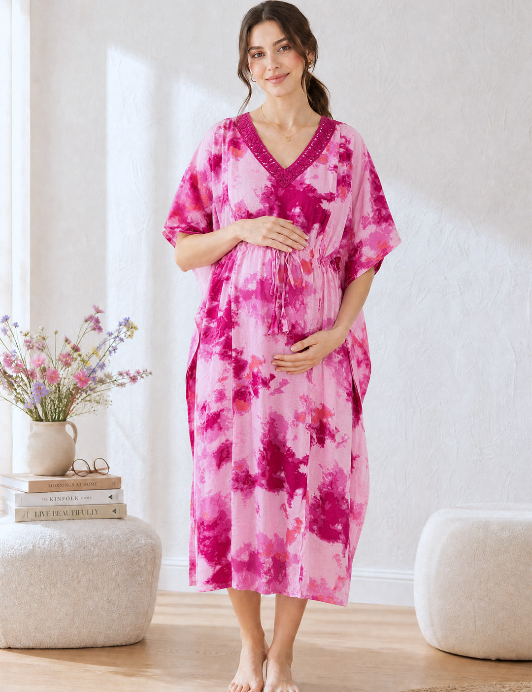Pink Tie & Dye Rayon Maternity Kaftan