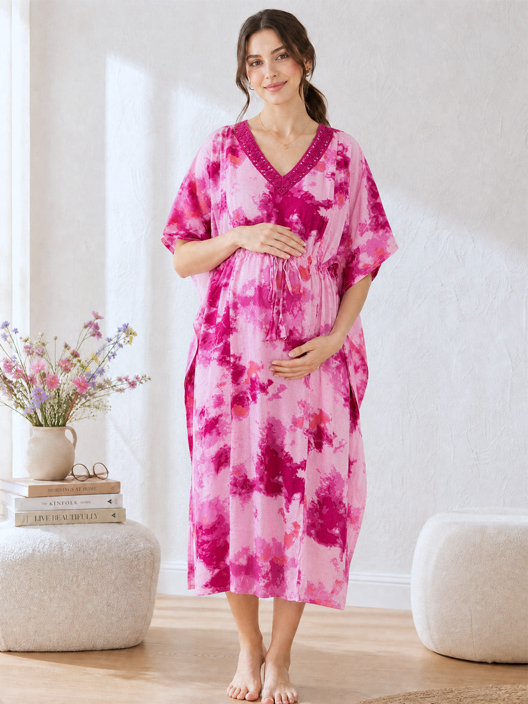 Pink Tie & Dye Rayon Maternity Kaftan