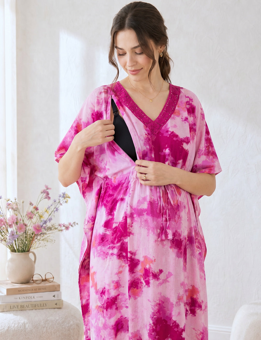 Pink Tie & Dye Rayon Maternity Kaftan