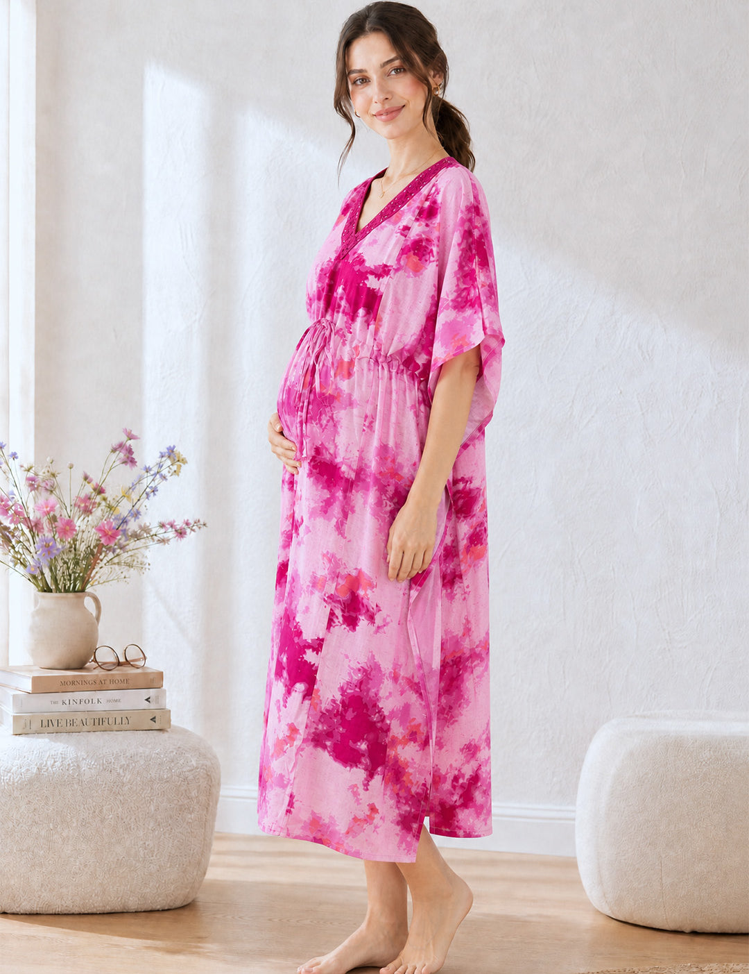 Pink Tie & Dye Rayon Maternity Kaftan
