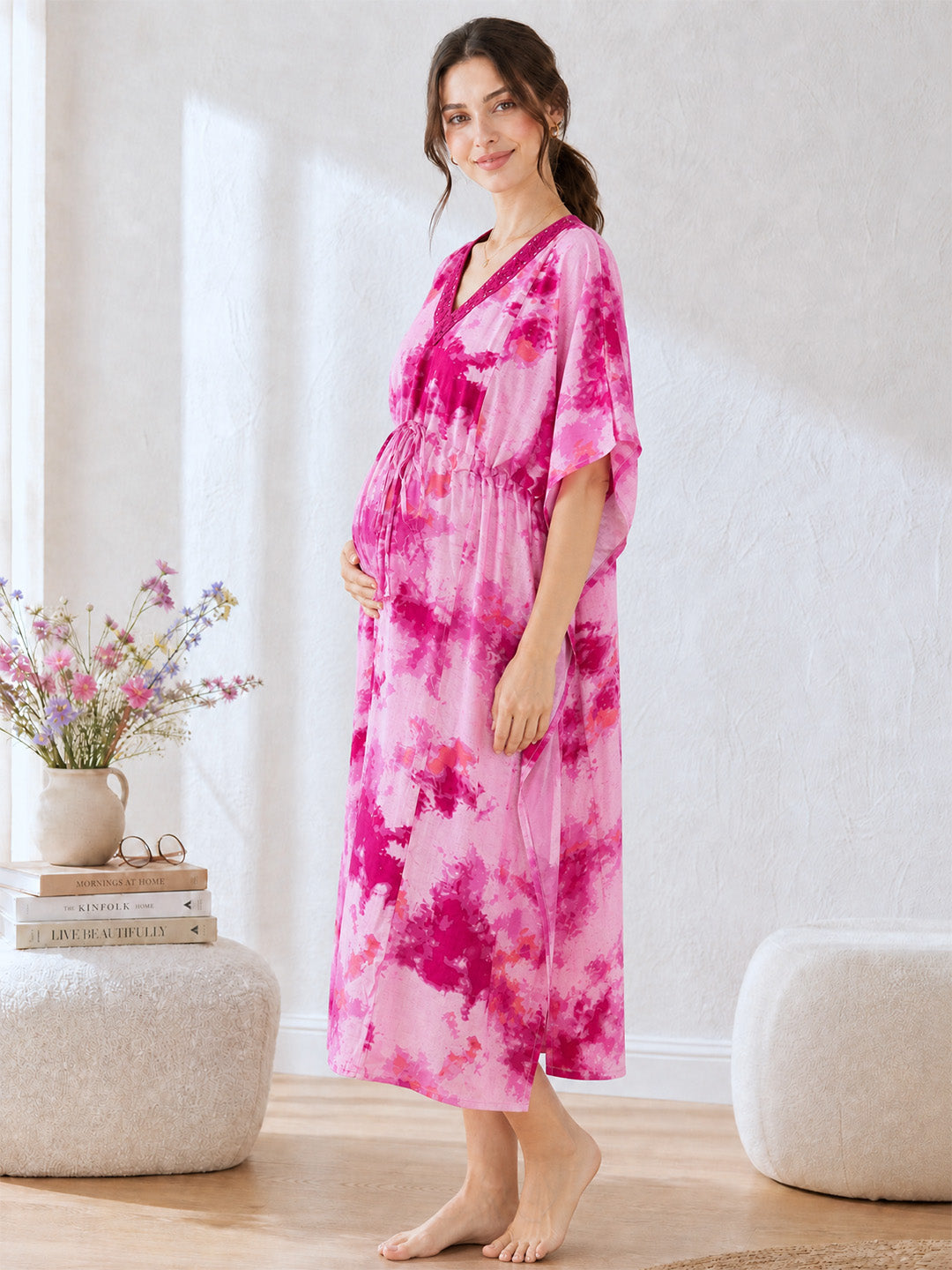 Pink Tie & Dye Rayon Maternity Kaftan