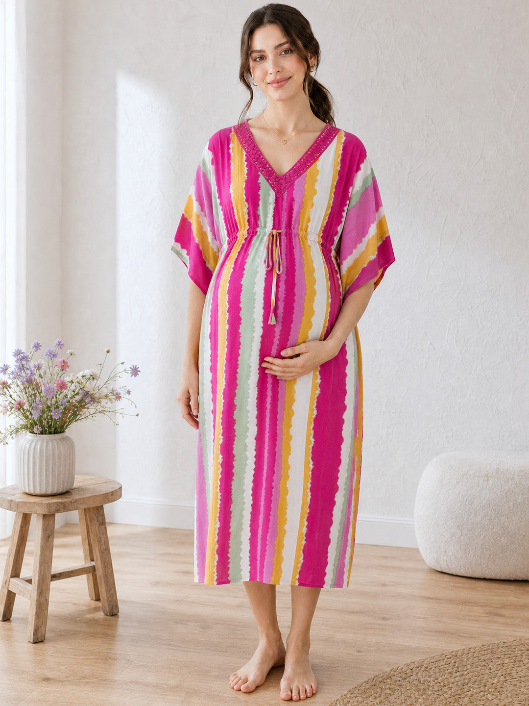 Multi Color Striped Rayon Maternity Kaftan