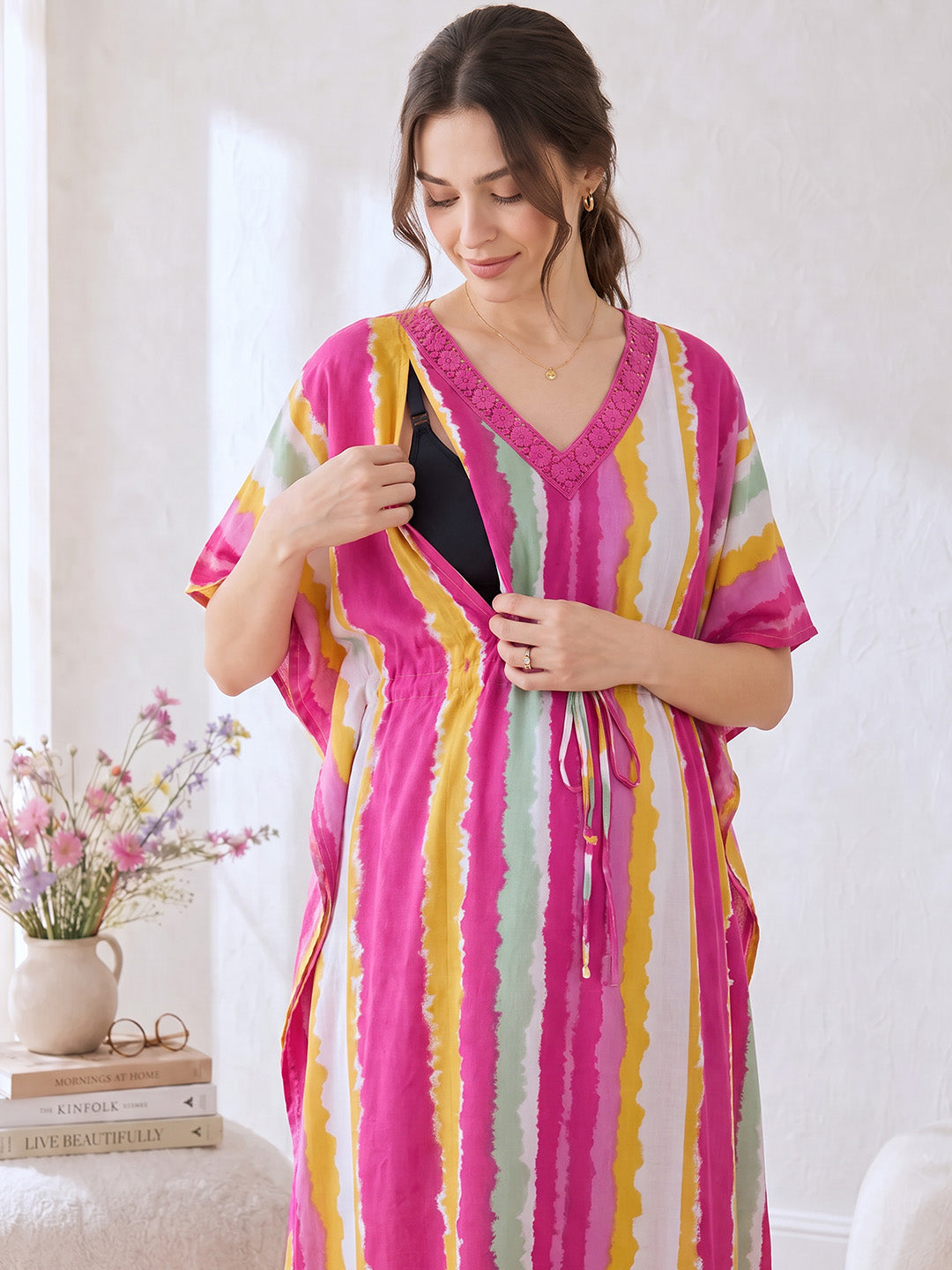 Multi Color Striped Rayon Maternity Kaftan