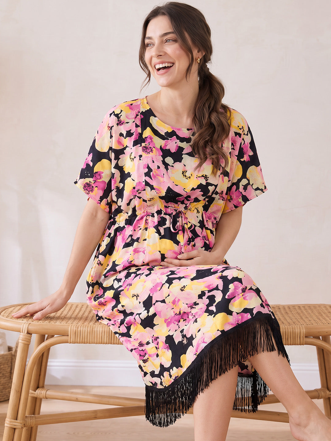 Multi-Color Floral Rayon Maternity Kaftan