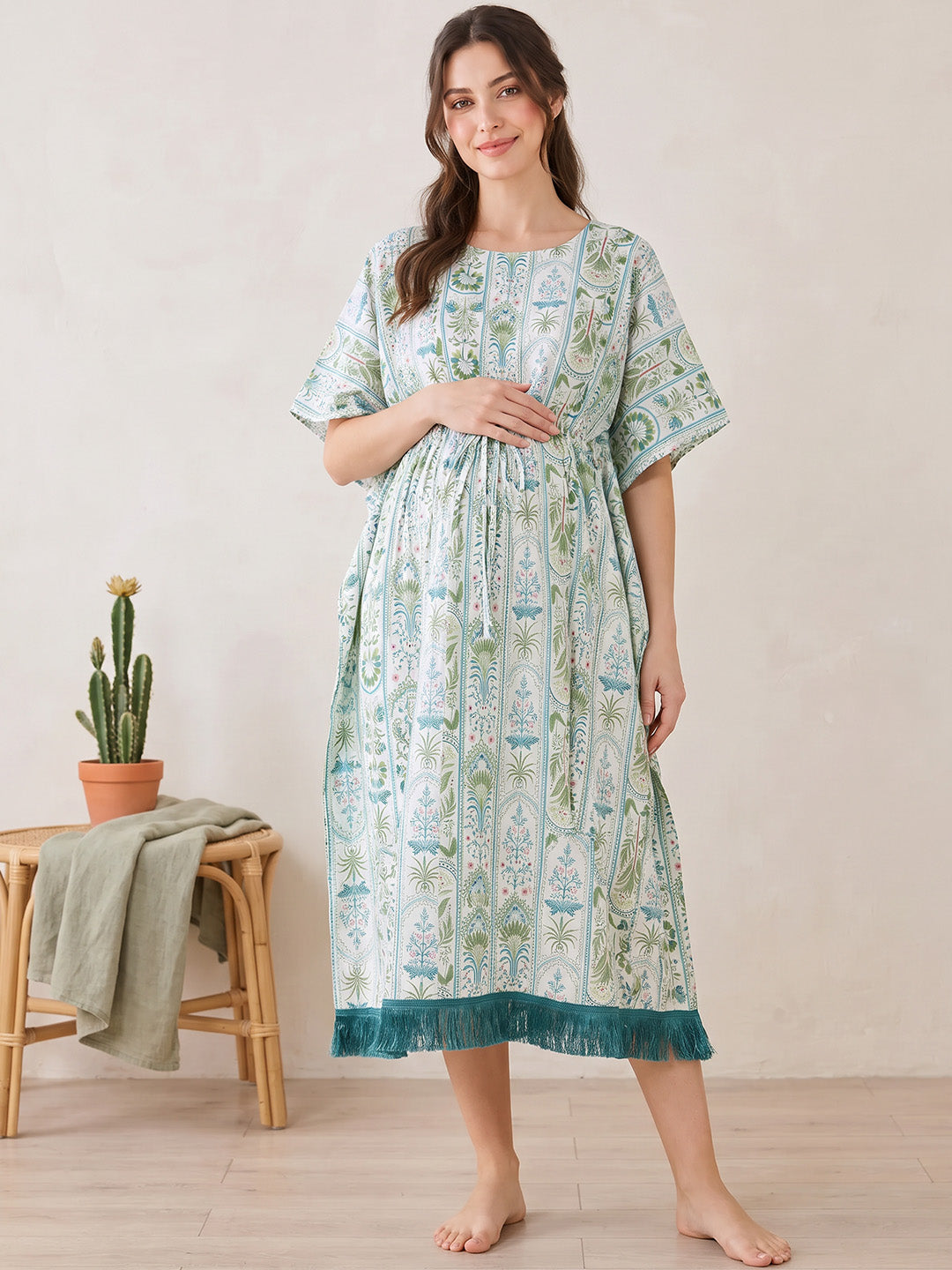 Sea Green Botanical Stripe Print Rayon Maternity Kaftan