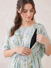 Sea Green Botanical Stripe Print Rayon Maternity Kaftan