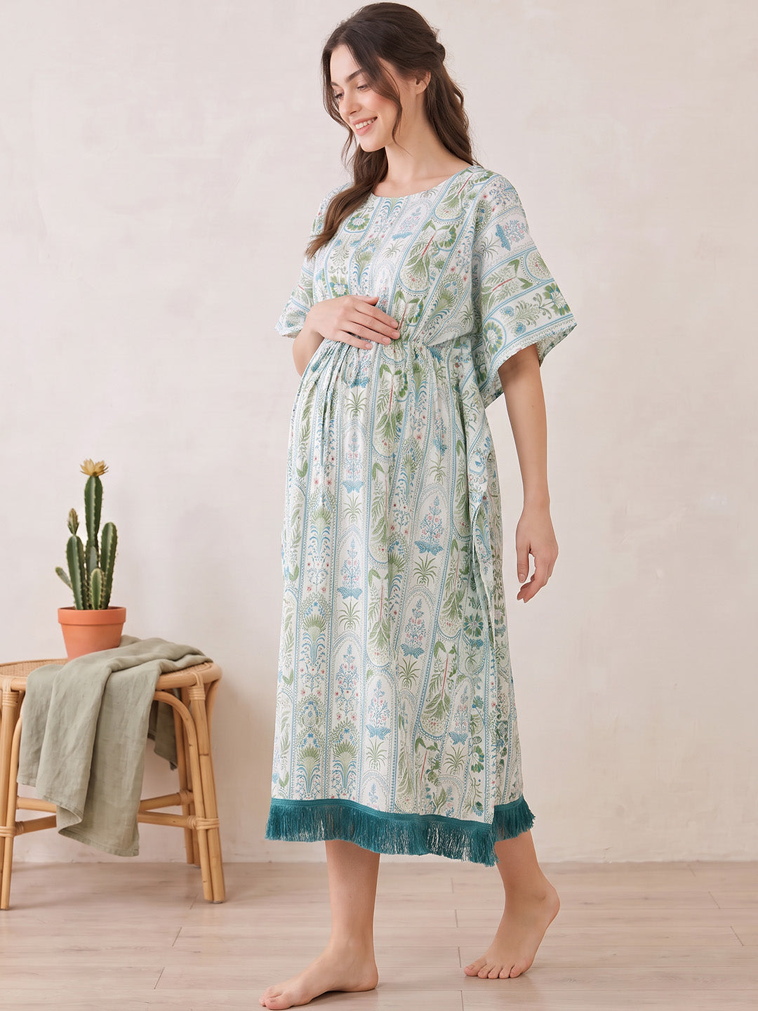 Sea Green Botanical Stripe Print Rayon Maternity Kaftan
