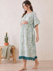 Sea Green Botanical Stripe Print Rayon Maternity Kaftan