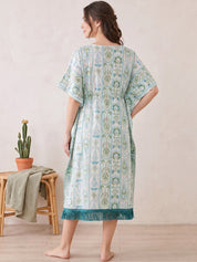 Sea Green Botanical Stripe Print Rayon Maternity Kaftan