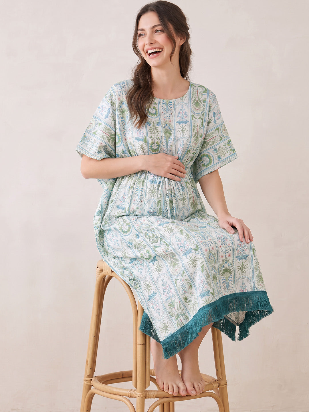 Sea Green Botanical Stripe Print Rayon Maternity Kaftan