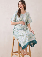 Sea Green Botanical Stripe Print Rayon Maternity Kaftan