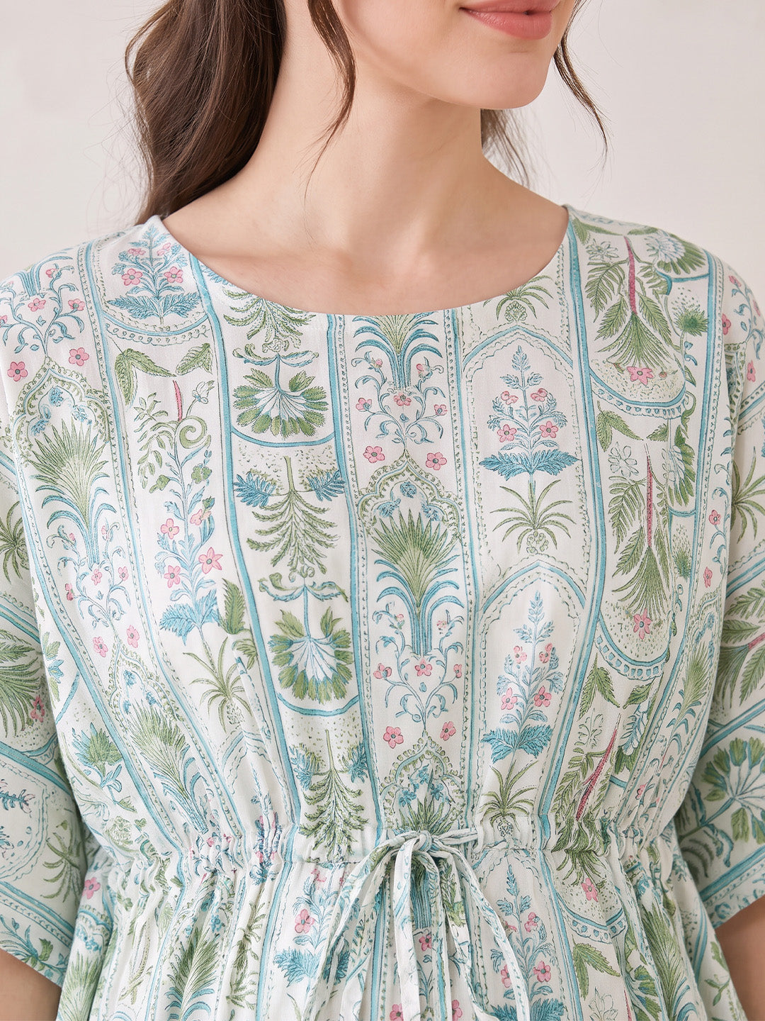 Sea Green Botanical Stripe Print Rayon Maternity Kaftan