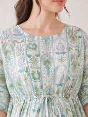 Sea Green Botanical Stripe Print Rayon Maternity Kaftan