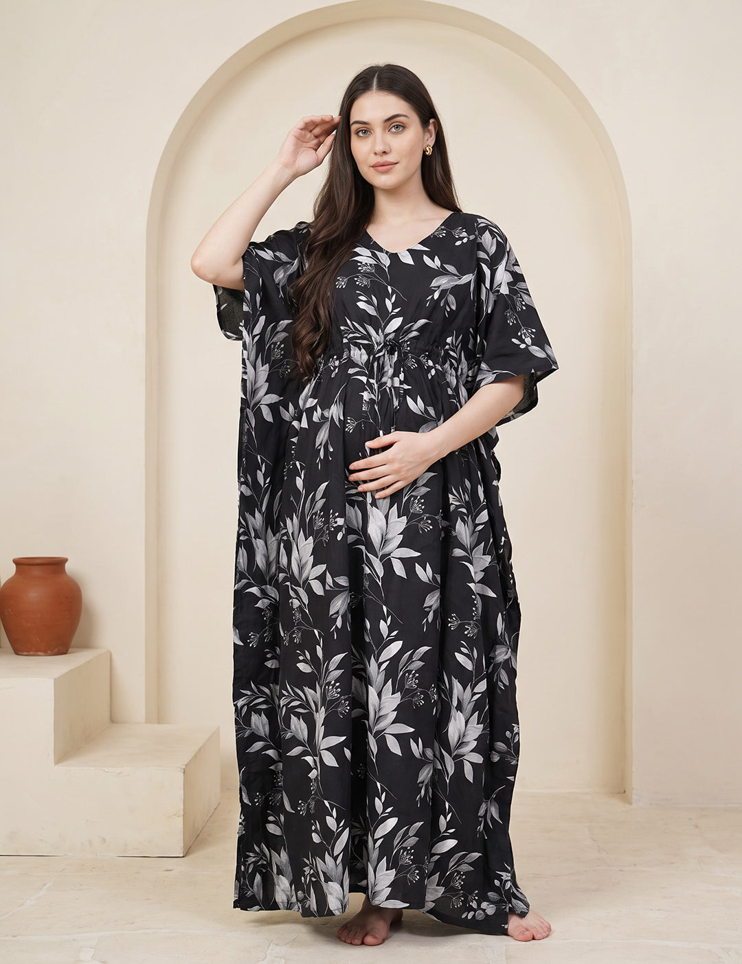 Black Floral Rayon Maternity Kaftan