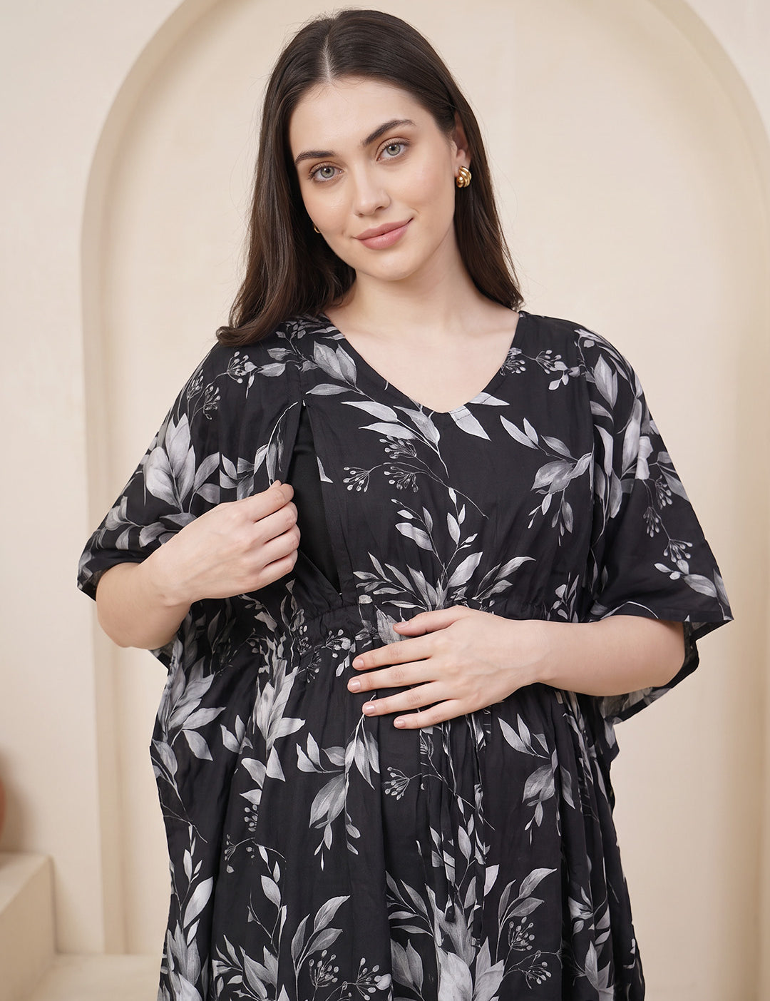 Black Floral Rayon Maternity Kaftan