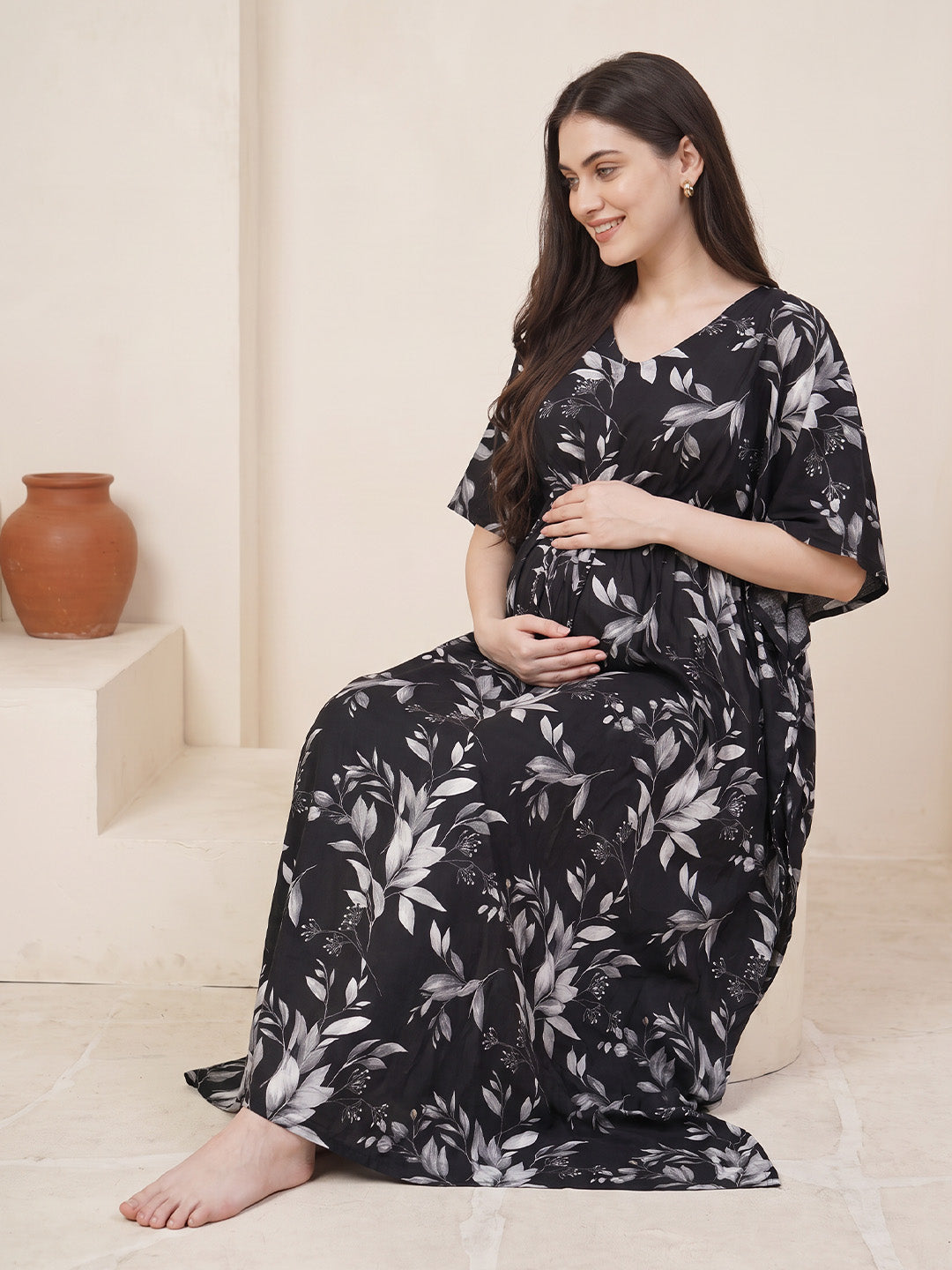 Black Floral Rayon Maternity Kaftan