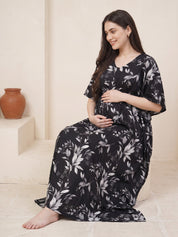 Black Floral Rayon Maternity Kaftan