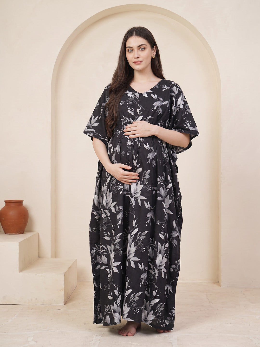 Black Floral Rayon Maternity Kaftan