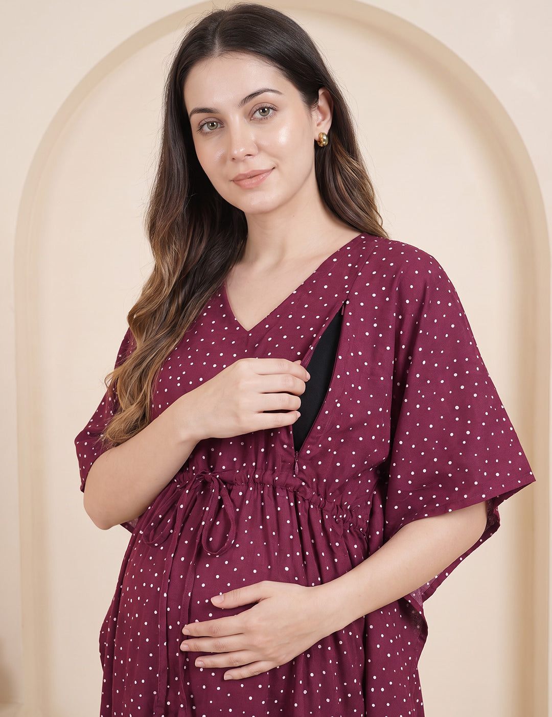 Maroon Polka Dots Rayon Maternity Kaftan
