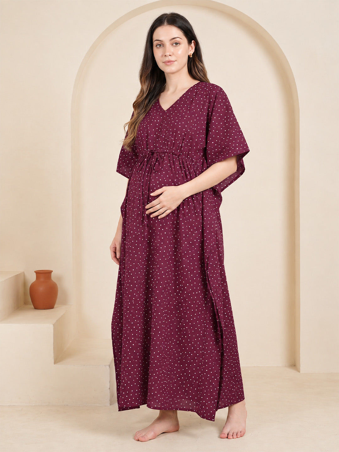 Maroon Polka Dots Rayon Maternity Kaftan