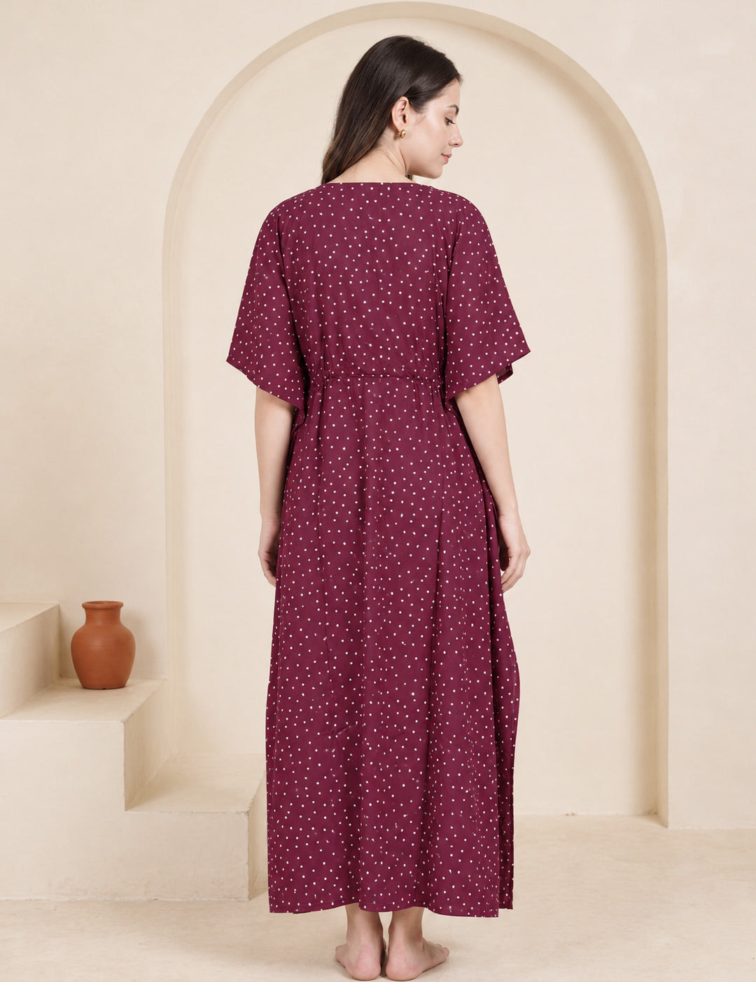 Maroon Polka Dots Rayon Maternity Kaftan