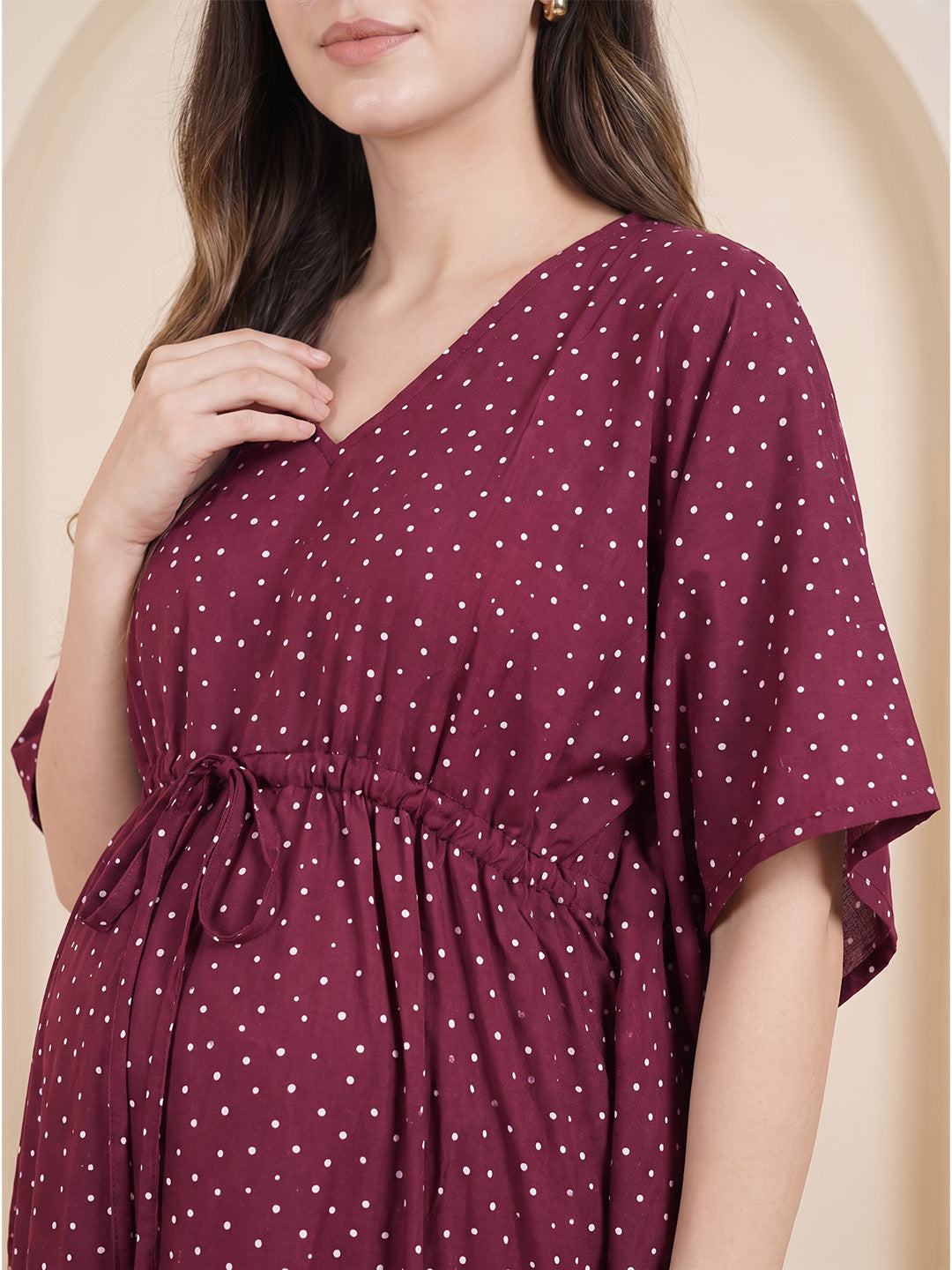 Maroon Polka Dots Rayon Maternity Kaftan