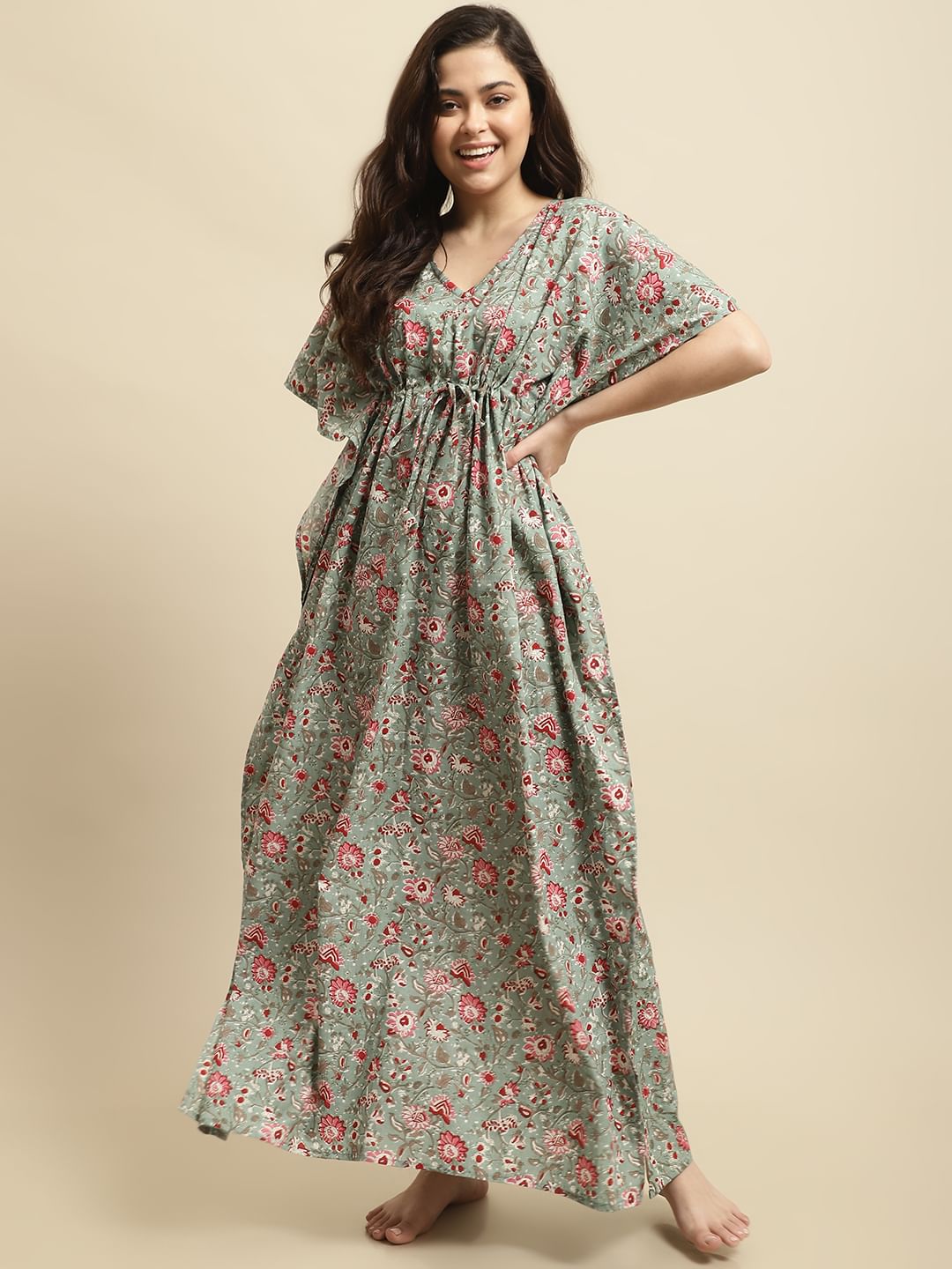 Green Sanganeri Screen Print Kaftan Night Dress