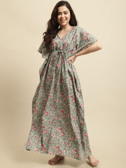 Green Sanganeri Screen Print Kaftan Night Dress