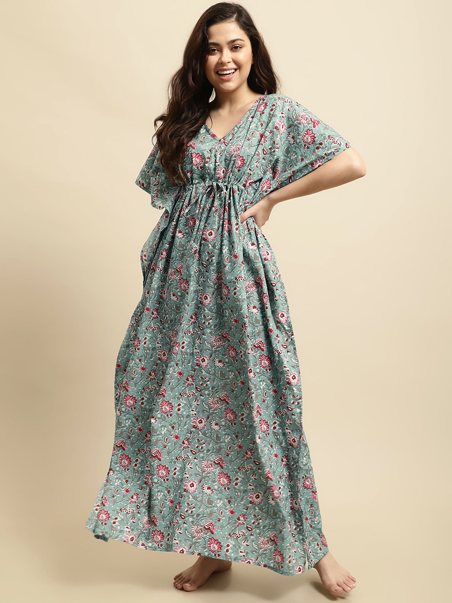 Green Sanganeri Screen Print Kaftan Night Dress