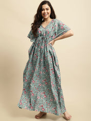 Green Sanganeri Screen Print Kaftan Night Dress