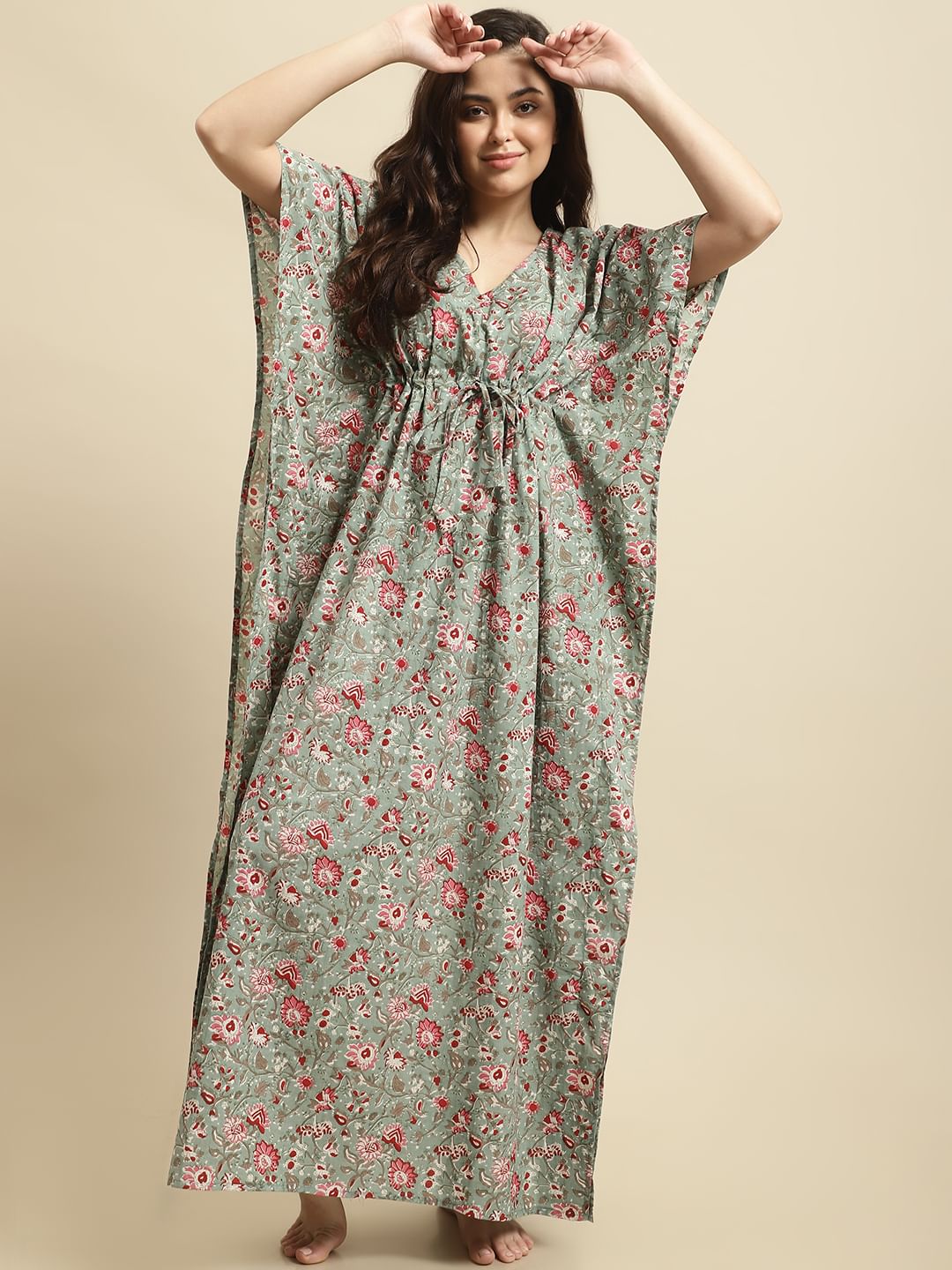 Green Sanganeri Screen Print Kaftan Night Dress