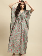 Green Sanganeri Screen Print Kaftan Night Dress