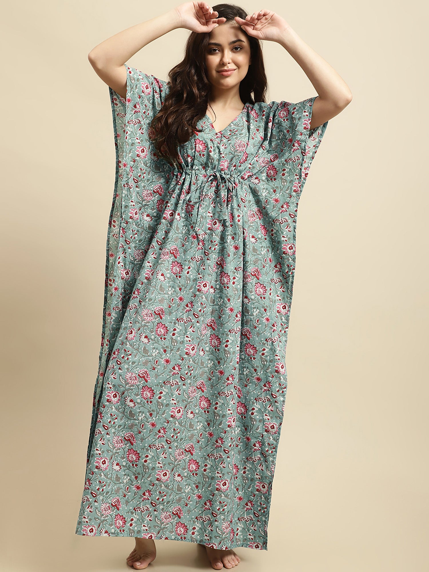 Green Sanganeri Screen Print Kaftan Night Dress