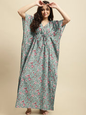 Green Sanganeri Screen Print Kaftan Night Dress