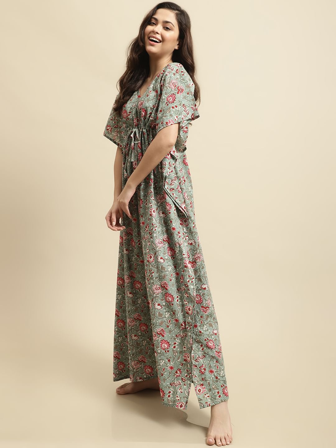 Green Sanganeri Screen Print Kaftan Night Dress