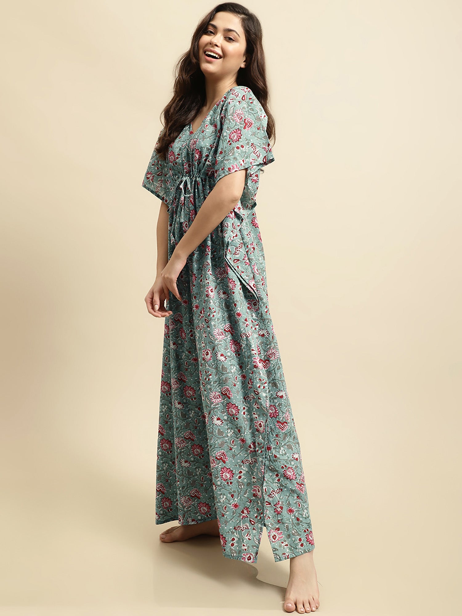 Green Sanganeri Screen Print Kaftan Night Dress