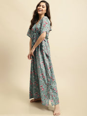 Green Sanganeri Screen Print Kaftan Night Dress