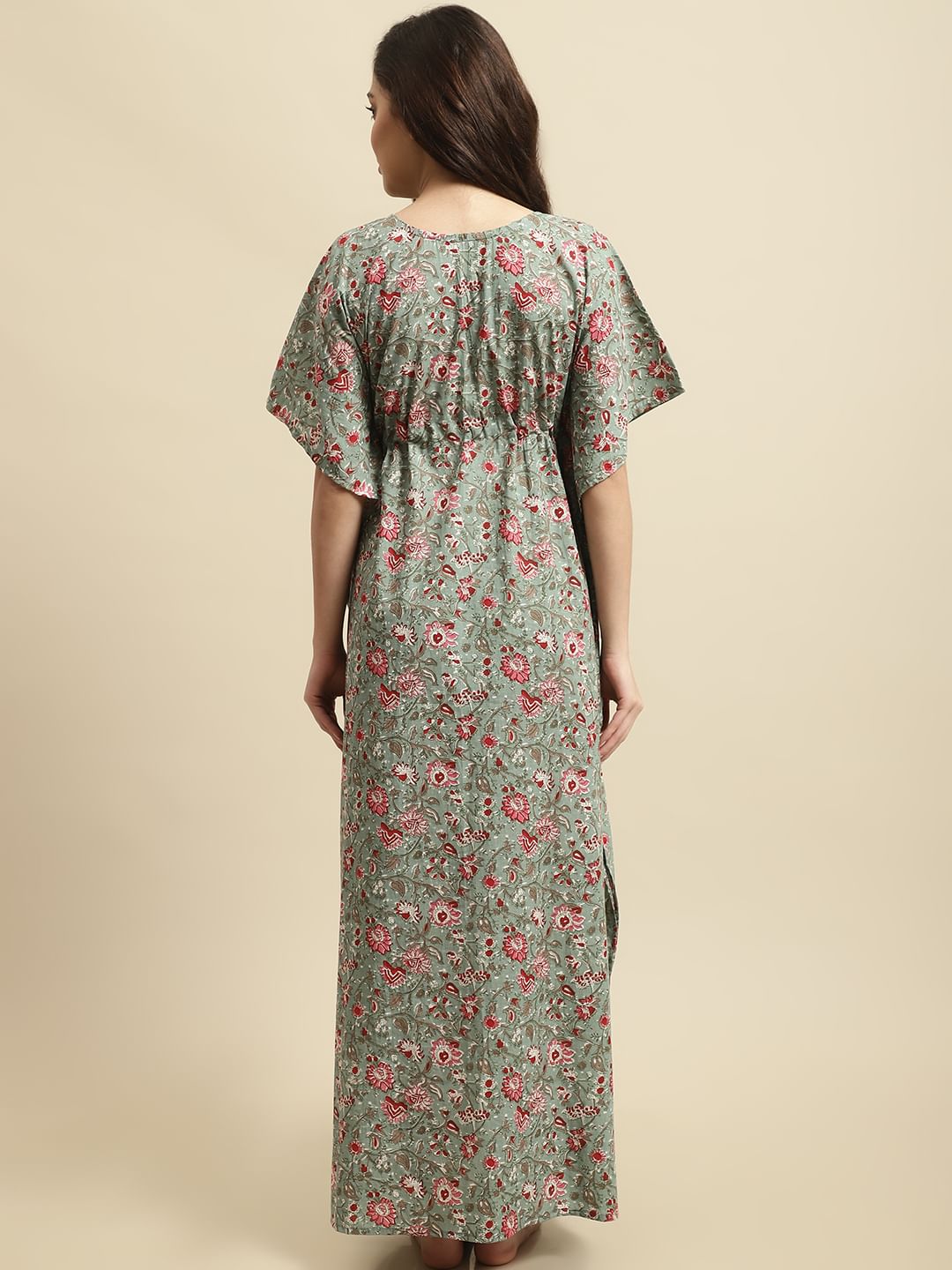 Green Sanganeri Screen Print Kaftan Night Dress
