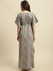 Green Sanganeri Screen Print Kaftan Night Dress