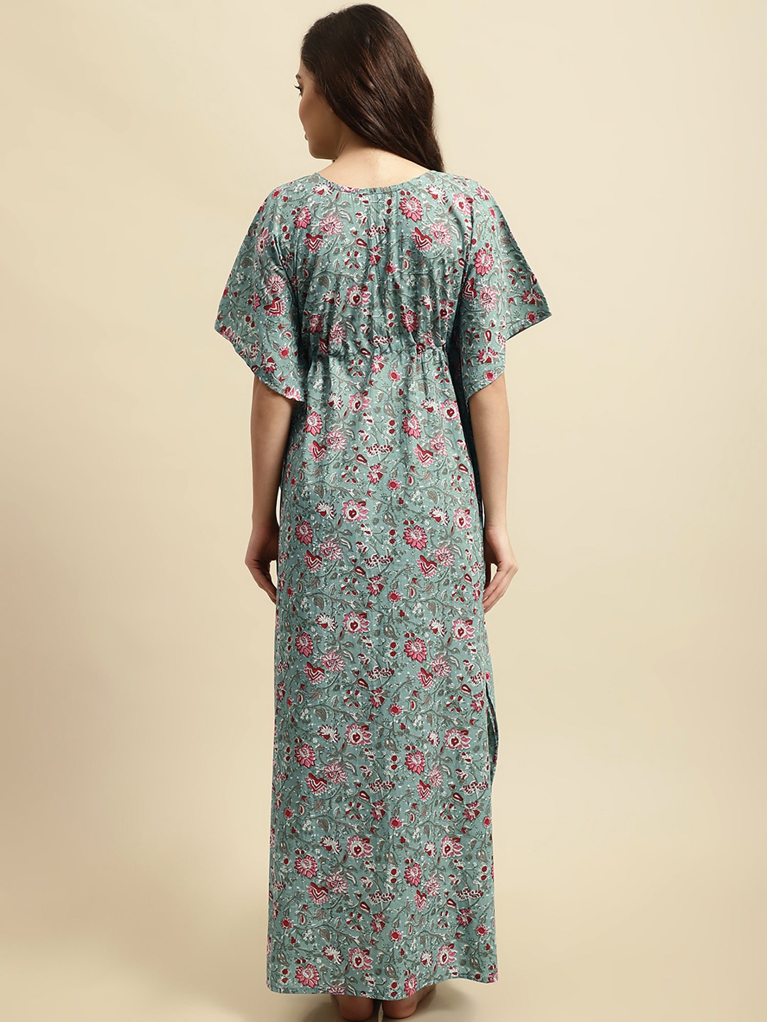 Green Sanganeri Screen Print Kaftan Night Dress