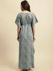 Green Sanganeri Screen Print Kaftan Night Dress