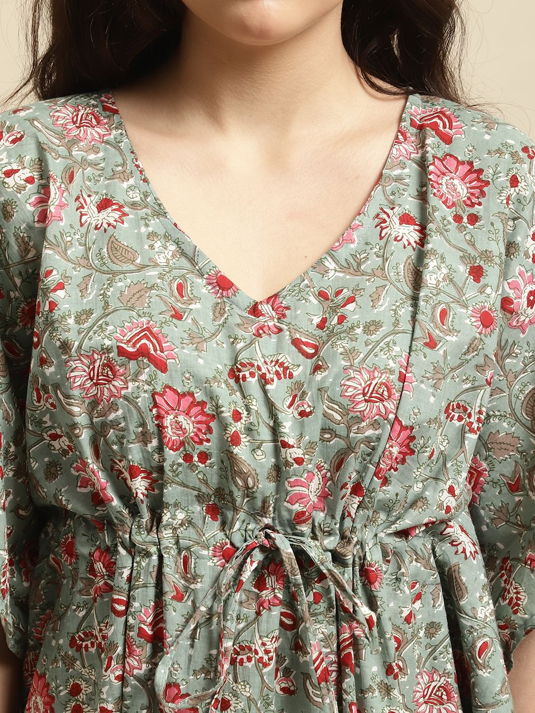 Green Sanganeri Screen Print Kaftan Night Dress