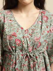Green Sanganeri Screen Print Kaftan Night Dress