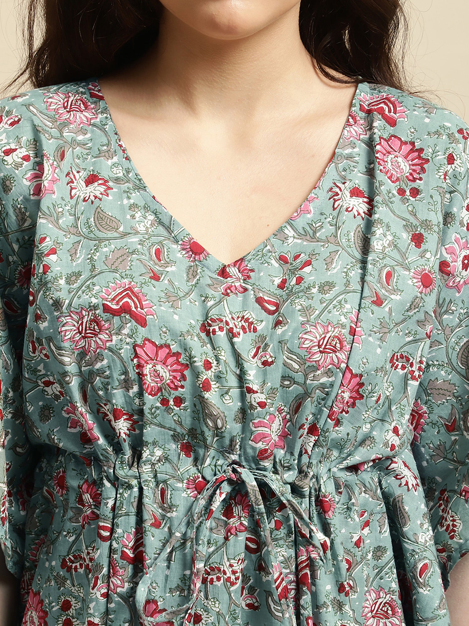 Green Sanganeri Screen Print Kaftan Night Dress